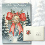 Frohe Weihnachten Watercolor Baby Jesus<br><div class="desc">Mit einem wunderschönen Aquarellbild des Jesuskindes in einem vergoldeten Rahmen mit einem roten Bogen überlagert auf einer schneebedeckten immergrünen Baumlandschaft.</div>