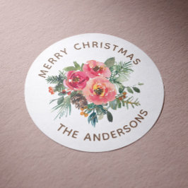 Frohe Weihnachten | Watercolor Floral Winter Holid Runder Aufkleber