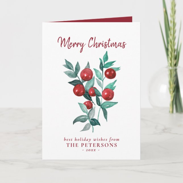 Frohe Weihnachten Watercolor Red Berries Card Karte (Vorderseite)