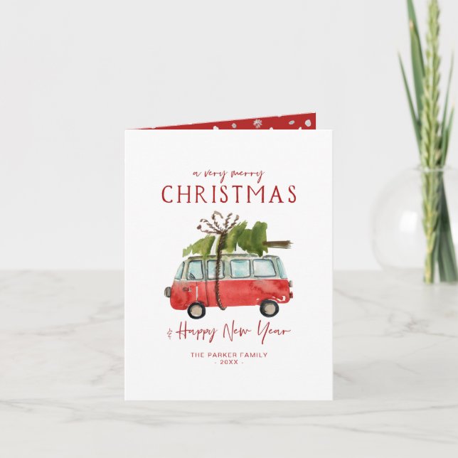 Frohe Weihnachten | Watercolor Red Van Holiday (Vorderseite)