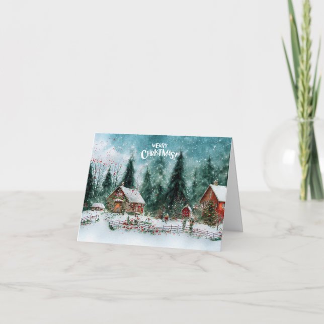 Frohe Weihnachten Watercolor Winter Village Karte (Vorderseite)