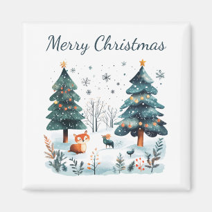 Frohe Weihnachten Watercolor Winterwald Magnet