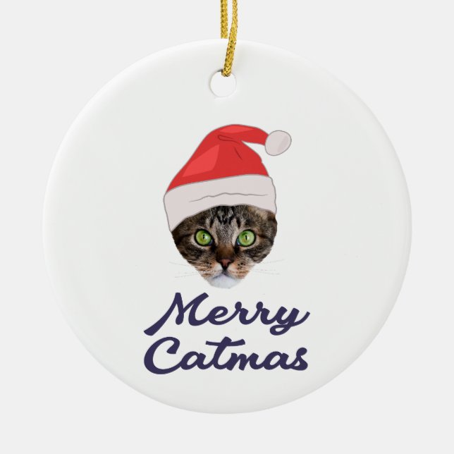 Frohe Weihnachten, Weihnachts-Katze Weihnachtsmann Keramik Ornament (Vorne)