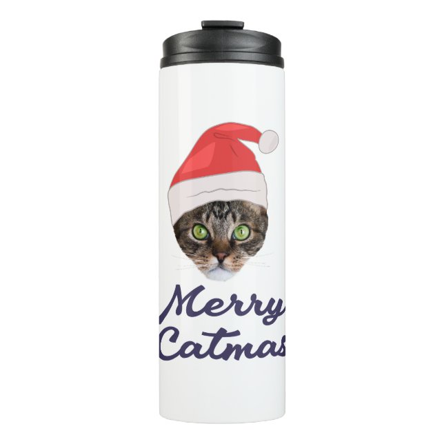 Frohe Weihnachten, Weihnachts-Katze Weihnachtsmann Thermosbecher (Vorderseite)