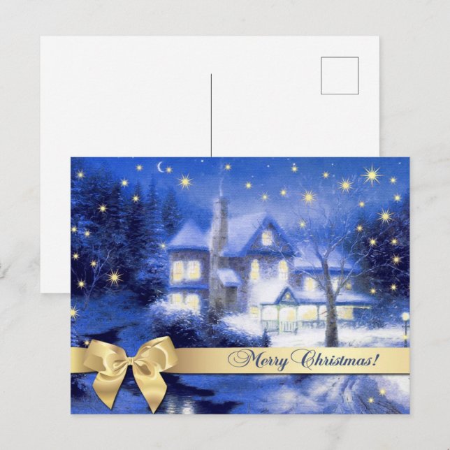 Frohe Weihnachten. Weihnachts-Snowy-Village Malere Postkarte (Vorne/Hinten)