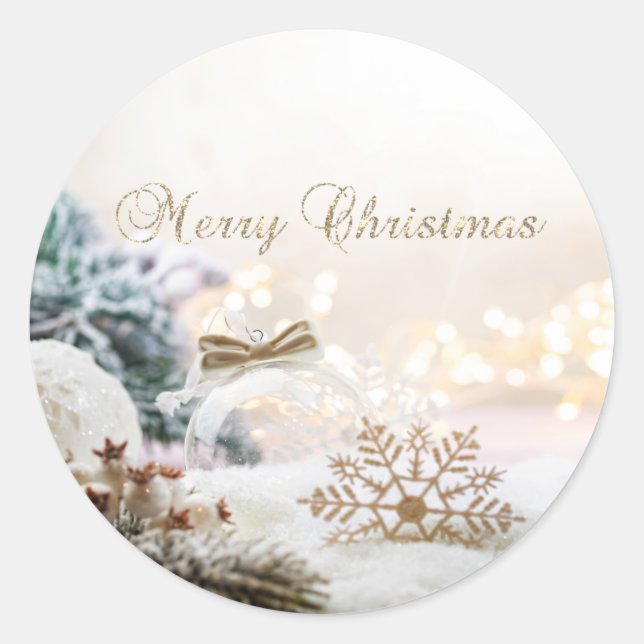 Frohe Weihnachten, Weihnachtsbälle, Goldene Schnee Runder Aufkleber (Vorderseite)