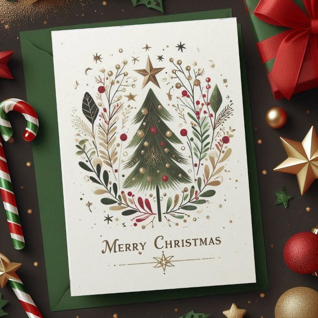 Frohe Weihnachten Weihnachtsbaum Familie (Merry Christmas Watercolor Christmas Tree Family Holiday Card)