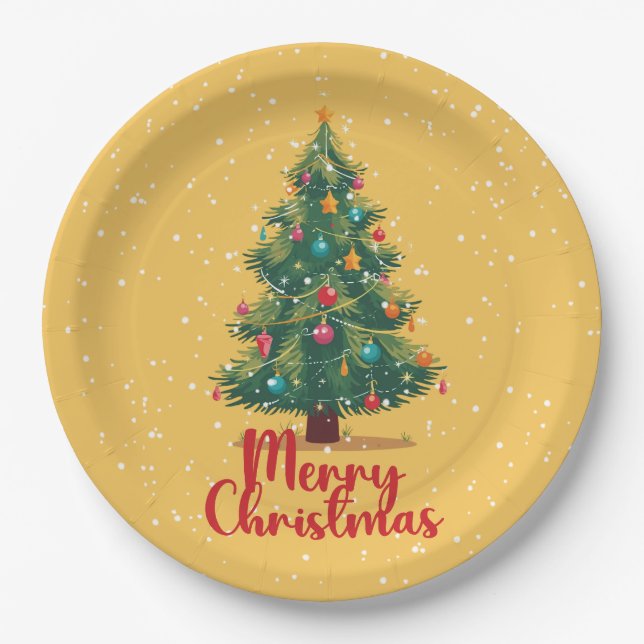 Frohe Weihnachten, Weihnachtsbaum, Schnee, Feierta Pappteller (Vorderseite)