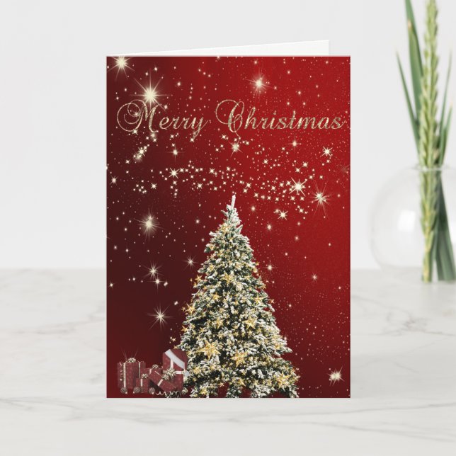 Frohe Weihnachten, Weihnachtsbäume, Geschenke Feiertagskarte (Vorderseite)
