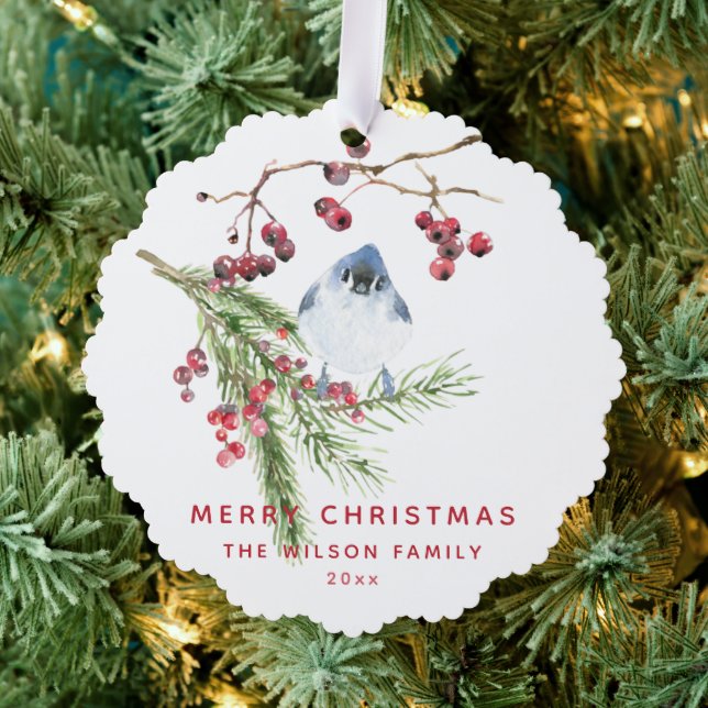 Frohe Weihnachten - Weihnachtsgrün w Bird Ornament Karte (Insitu (Baum))
