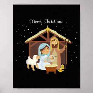 Frohe Weihnachten & Weihnachtskrippe Christlicher Poster
