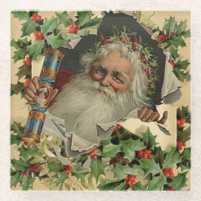 Frohe Weihnachten Weihnachtsmann Antike Klassik Glasuntersetzer (Vorderseite)