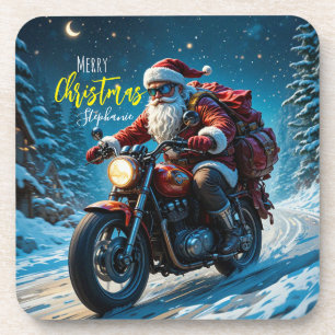 Frohe Weihnachten Weihnachtsmann auf Motorrad Getränkeuntersetzer