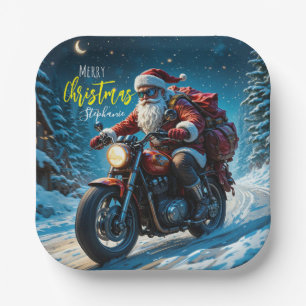 Frohe Weihnachten Weihnachtsmann auf Motorrad Pappteller
