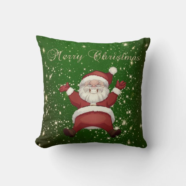 Frohe Weihnachten, Weihnachtsmann, Glitzern, Grün Kissen (Vorderseite)