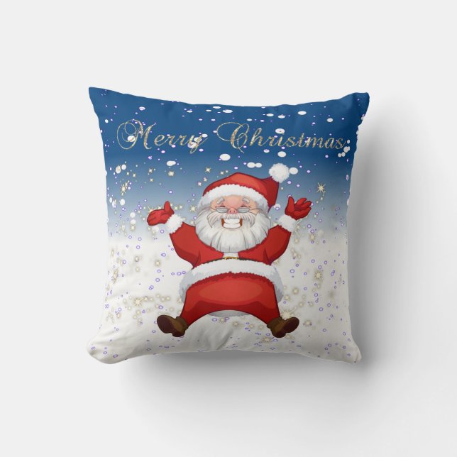 Frohe Weihnachten, Weihnachtsmann, Glitzern, Weiß Kissen (Vorderseite)