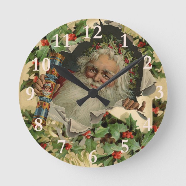 Frohe Weihnachten Weihnachtsmann Holly Runde Wanduhr (Vorderseite)