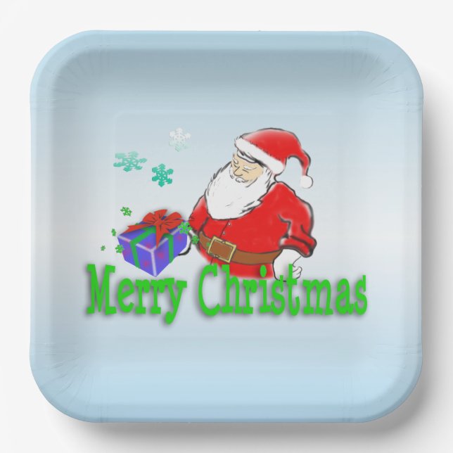 Frohe Weihnachten Weihnachtsmann mit Geschenk Pappteller (Vorderseite)