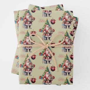 Frohe Weihnachten Weihnachtsmann mit Geschenken  Geschenkpapier Set