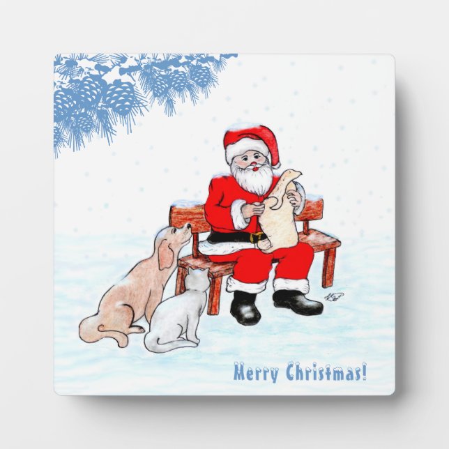 Frohe Weihnachten - Weihnachtsmann mit Katze und H Fotoplatte (Vorderseite)