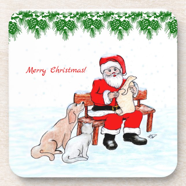 Frohe Weihnachten - Weihnachtsmann mit Katze und H Getränkeuntersetzer (Vorderseite)