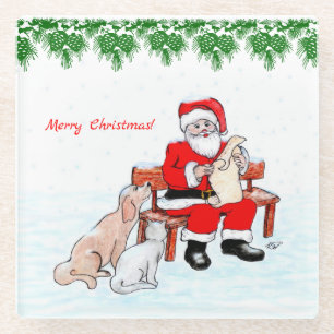 Frohe Weihnachten - Weihnachtsmann mit Katze und H Glasuntersetzer