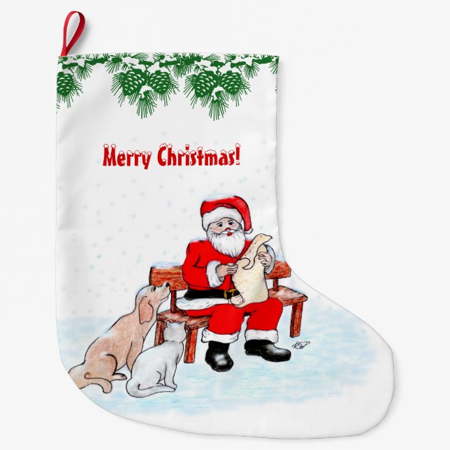 Frohe Weihnachten - Weihnachtsmann mit Katze und H Großer Weihnachtsstrumpf (Vorderseite)