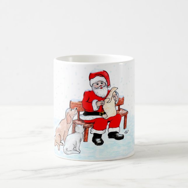 Frohe Weihnachten - Weihnachtsmann mit Katze und H Kaffeetasse (Mittel)