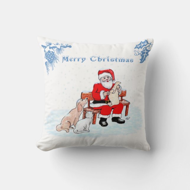 Frohe Weihnachten - Weihnachtsmann mit Katze und H Kissen (Vorderseite)