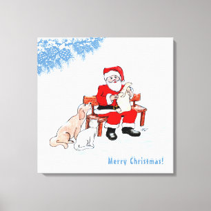 Frohe Weihnachten - Weihnachtsmann mit Katze und H Leinwanddruck