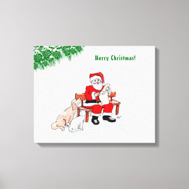 Frohe Weihnachten - Weihnachtsmann mit Katze und H Leinwanddruck (Vorderseite)