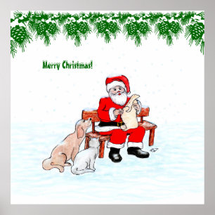 Frohe Weihnachten - Weihnachtsmann mit Katze und H Poster