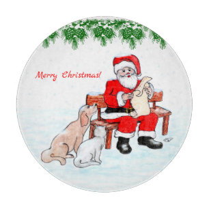 Frohe Weihnachten - Weihnachtsmann mit Katze und H Schneidebrett