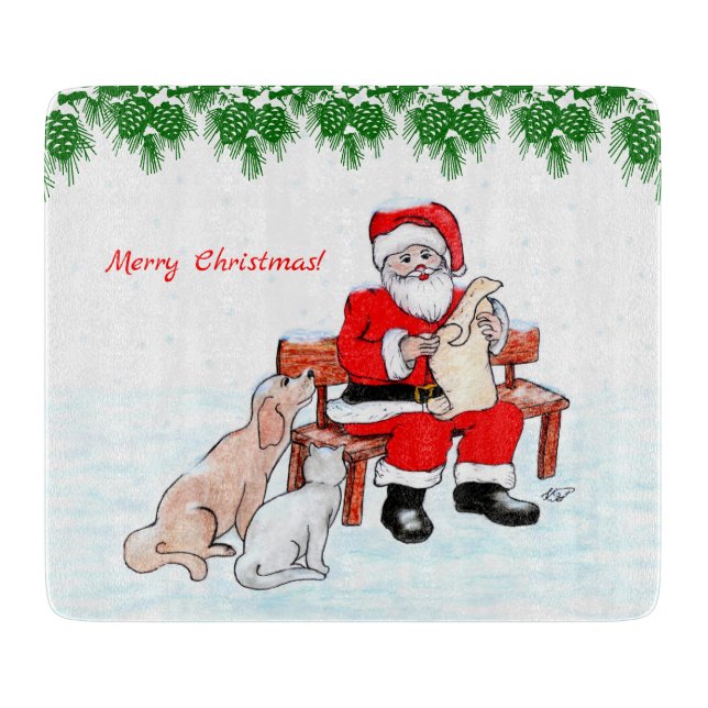 Frohe Weihnachten - Weihnachtsmann mit Katze und H Schneidebrett (Vorderseite)