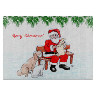 Frohe Weihnachten - Weihnachtsmann mit Katze und H Schneidebrett