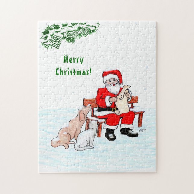 Frohe Weihnachten! Weihnachtsmann mit Katze und Hu (Vertikal)