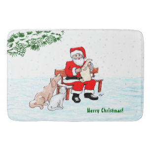 Frohe Weihnachten! Weihnachtsmann mit Katze und Hu Badematte