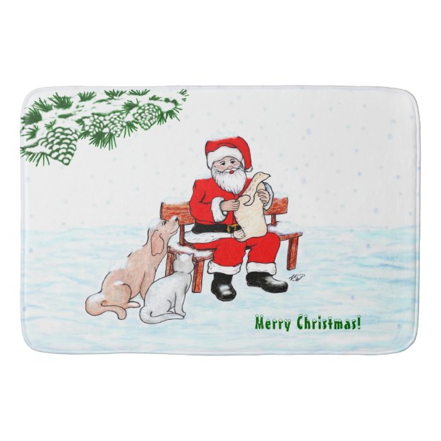 Frohe Weihnachten! Weihnachtsmann mit Katze und Hu Badematte (Vorderseite)