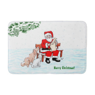 Frohe Weihnachten! Weihnachtsmann mit Katze und Hu Badematte