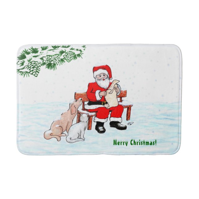 Frohe Weihnachten! Weihnachtsmann mit Katze und Hu Badematte (Vorderseite)
