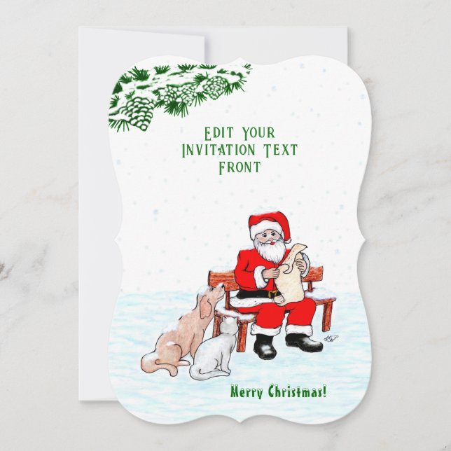 Frohe Weihnachten! Weihnachtsmann mit Katze und Hu Einladung (Vorderseite)