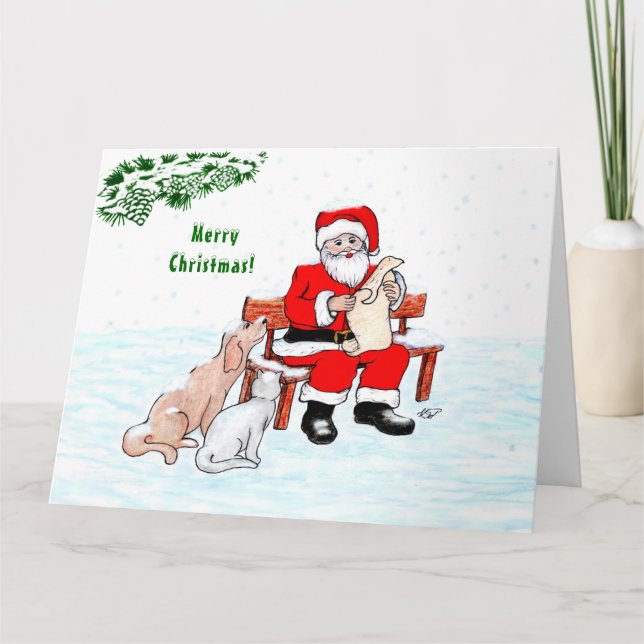 Frohe Weihnachten! Weihnachtsmann mit Katze und Hu Karte (Vorderseite)