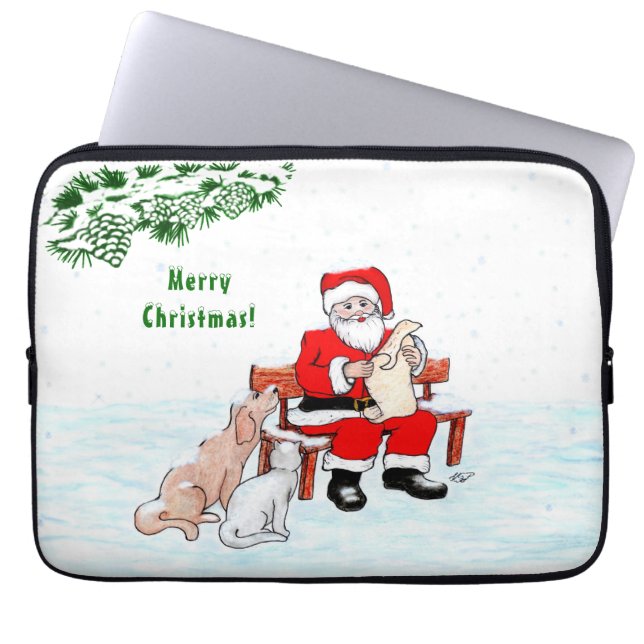 Frohe Weihnachten! Weihnachtsmann mit Katze und Hu Laptopschutzhülle (Vorderseite)