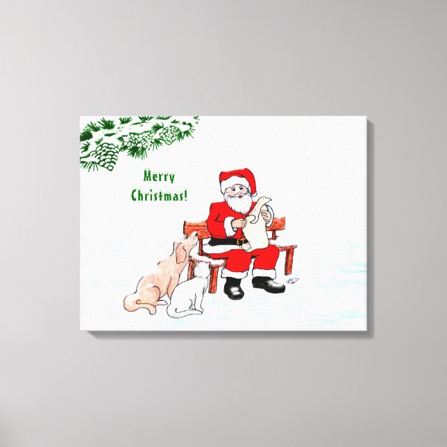Frohe Weihnachten! Weihnachtsmann mit Katze und Hu Leinwanddruck (Vorderseite)
