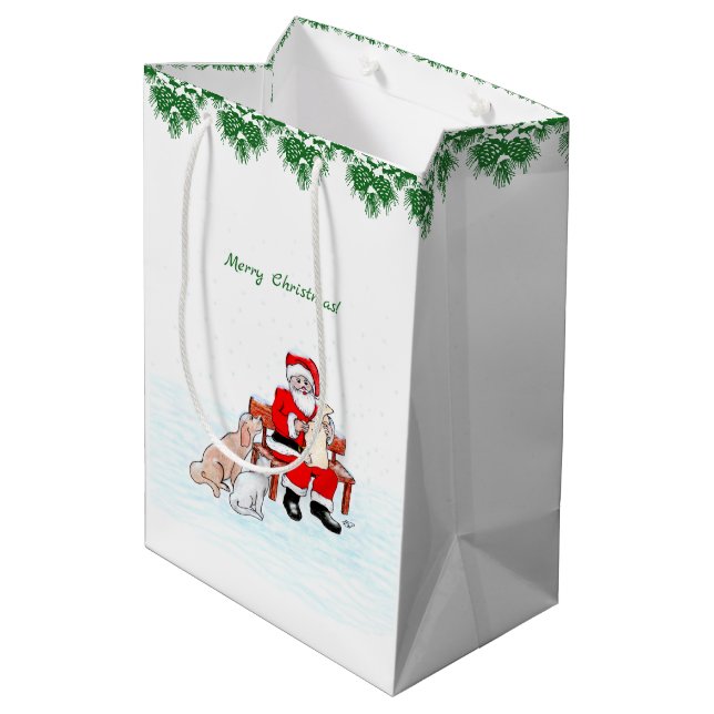 Frohe Weihnachten! Weihnachtsmann mit Katze und Hu Mittlere Geschenktüte (Rückseite Schrägansicht)