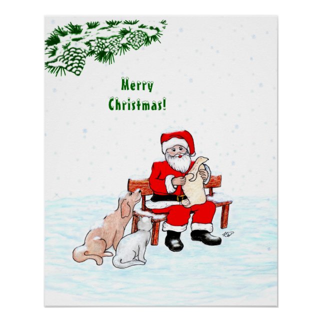 Frohe Weihnachten! Weihnachtsmann mit Katze und Hu Poster (Vorderseite)