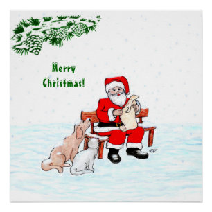Frohe Weihnachten! Weihnachtsmann mit Katze und Hu Poster