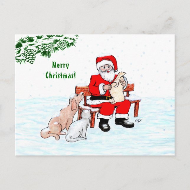 Frohe Weihnachten! Weihnachtsmann mit Katze und Hu Postkarte (Vorderseite)