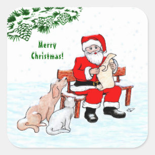 Frohe Weihnachten! Weihnachtsmann mit Katze und Hu Quadratischer Aufkleber