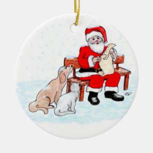 Frohe Weihnachten - Weihnachtsmann mit Katze und Keramik Ornament